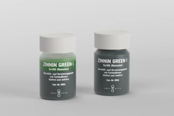 Two tins of ZINNIN Green soldering and tinning pastes with different alloys